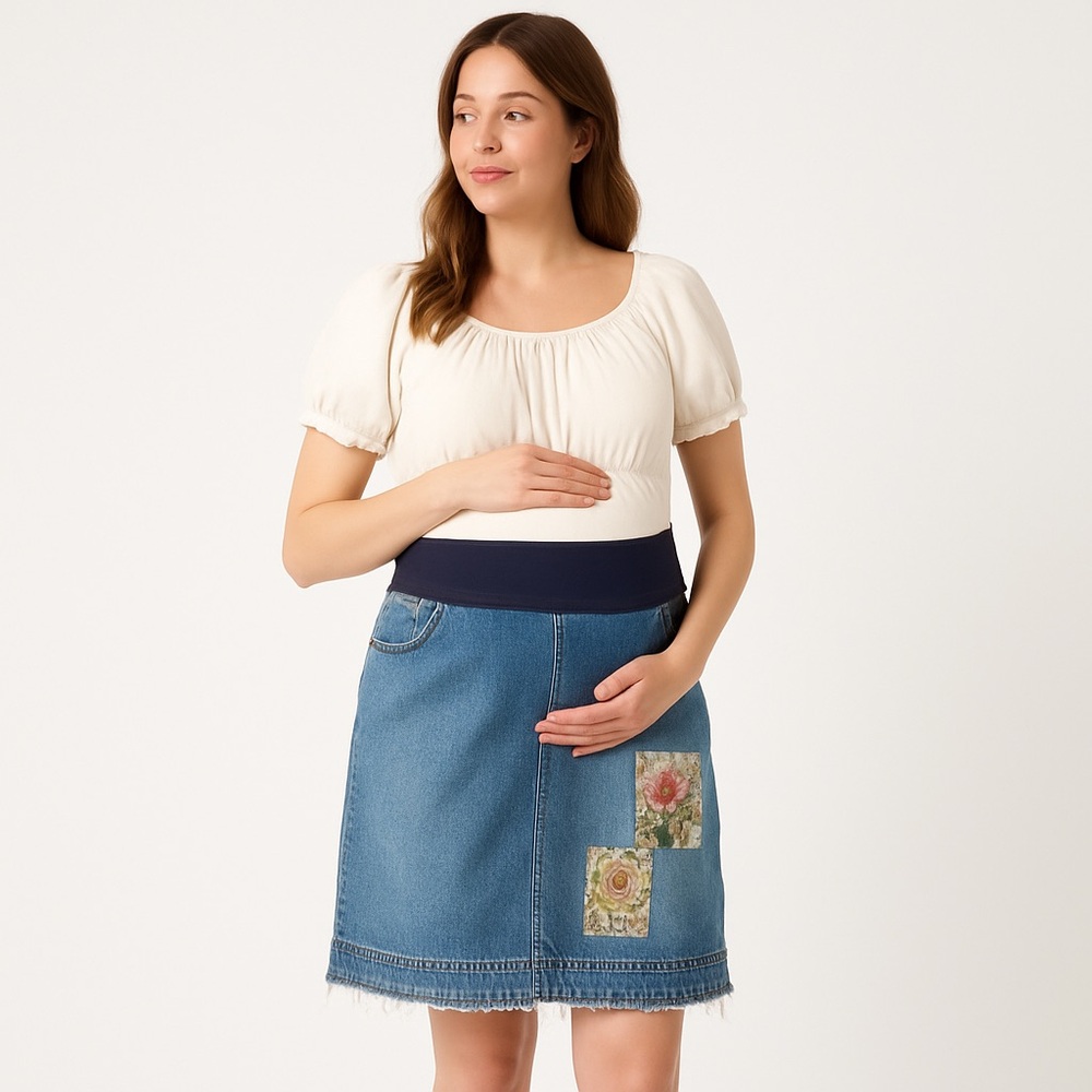 Announcements Vintage Maternity Demin Patchwork Skirt w/raw hem Size12/14 16